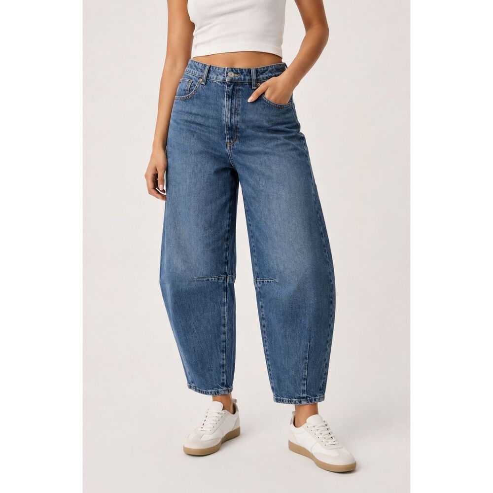 Zara Women’s 8 Blue High Rise Barrel Leg Jeans Cropped Ankle Denim EUR 40